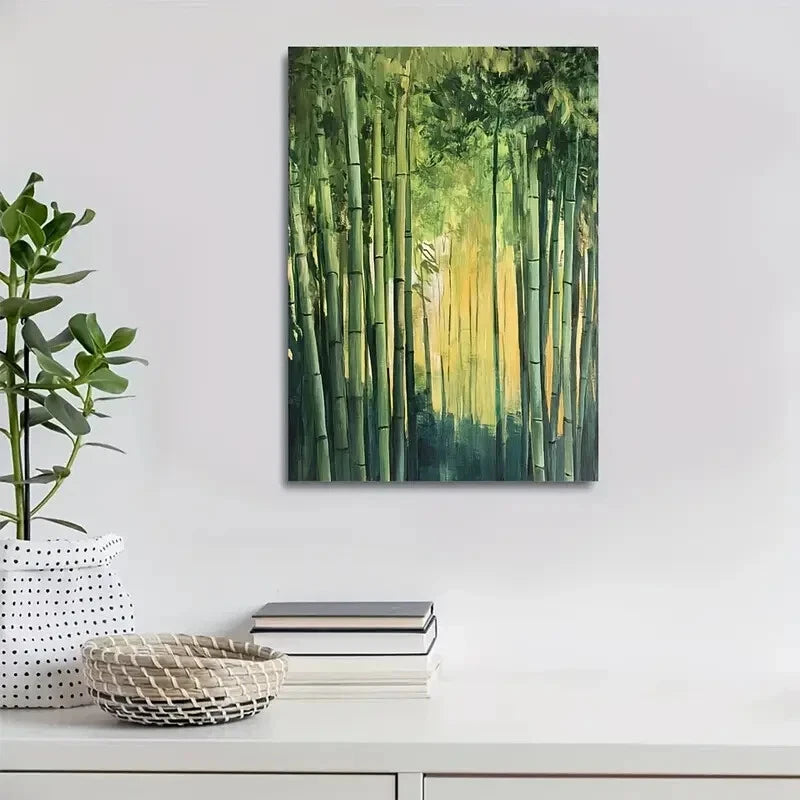 Serene Natural Scenery with Sunlit Bamboo Painting 40x60cm Metal Print Ready to Hang
