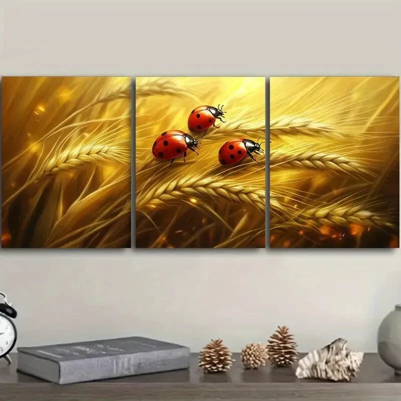 3pcs Murals Depicting a Ladybug Standing on Wheat Metal Print Ready to Hang Art