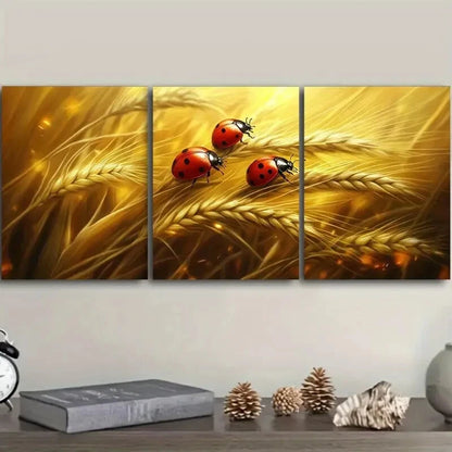 3pcs Murals Depicting a Ladybug Standing on Wheat Metal Print Ready to Hang Art