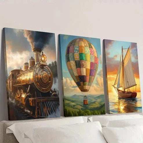 3pcs Steam Train Hot Air Balloon Sailboat Wall Art Canvas Unframed - High Quality Print 100% Australian Made Wall Canvas
