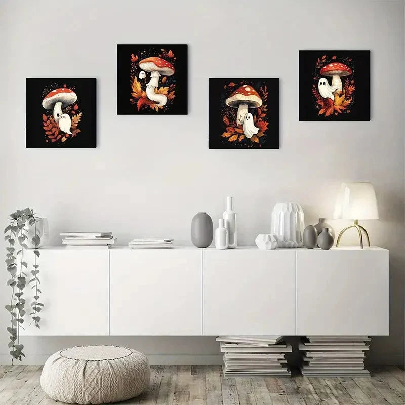 4pcs Cute Mushroom & Autumn LeavesWall Art Canvas Framed