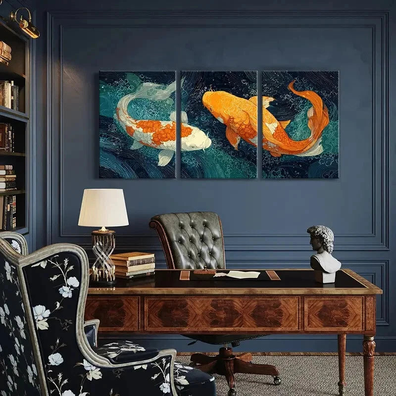 3pcs Koi Fish Vibrant Ocean Waves Design Metal Print Ready to Hang Art