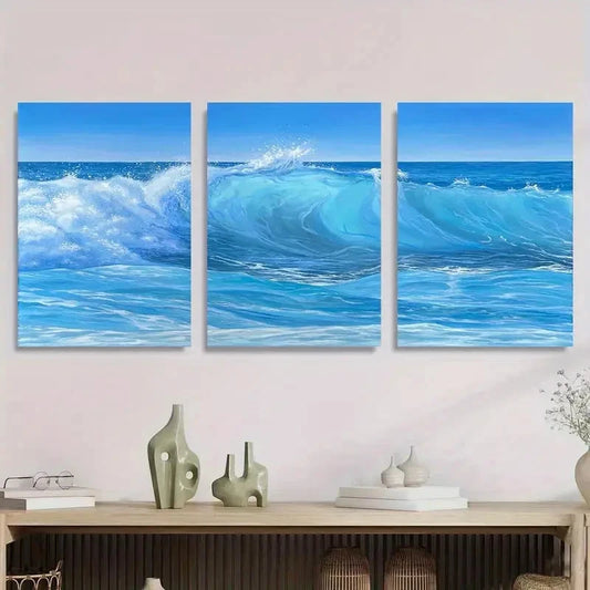 3pcs Blue Seascape Beach Paintings Metal Print Ready to Hang Art