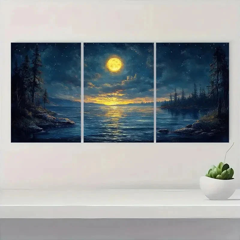 3pcs Moonlit Waters and Starry Sky Metal Print Ready to Hang Art