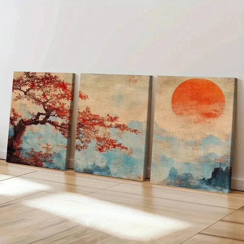 3pcs Vintage Autumn Tree & Sunset Landscape Wall Art Set Canvas Framed 40x60cm - High Quality Print 100% Australian Made Wall Canvas Ready to Hang