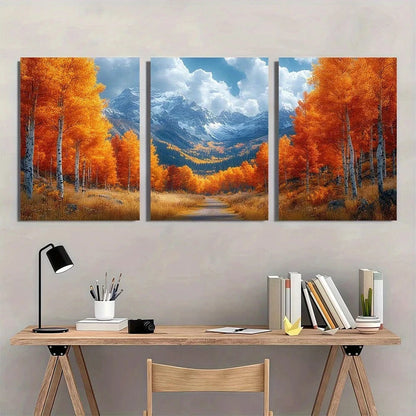3pcs Vibrant Fall Trees & Mountain Metal Print Ready to Hang Art
