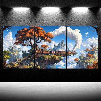 3pcs Freight Train Big Trees White Clouds Metal Print Ready to Hang Art