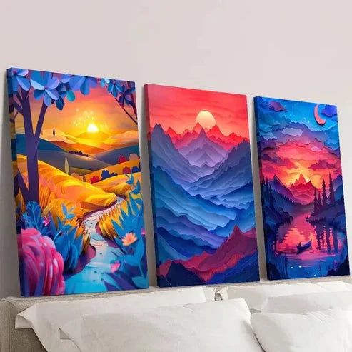 3pcs Rich Valley & Mountain Landscape at Sunset Wall Art Canvas Unframed - High Quality Print 100% Australian Made Wall Canvas