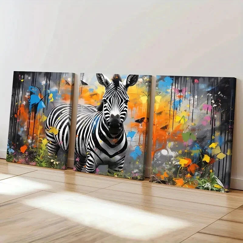 3pcs Abstract Street Graffiti Style Zebra Wall Art Set Canvas Framed 60x90cm - High Quality Print 100% Australian Made Wall Canvas Ready to Hang
