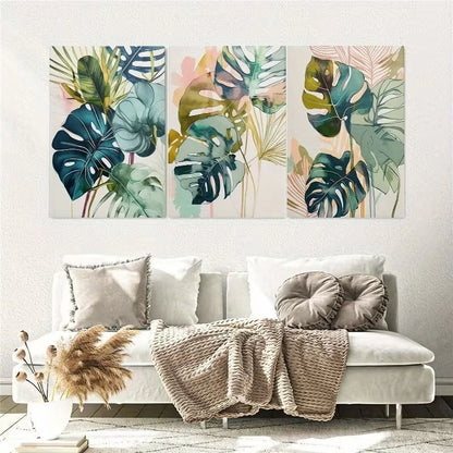3pcs Watercolor Green Palm Leaf Design Wall Art Set Canvas Framed 40x60cm – High Quality Print 100% Australian Made Wall Canvas Ready to Hang