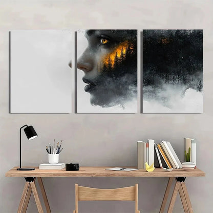 3pcs Abstract Woman with Forest Black & White Metal Print Ready to Hang Art