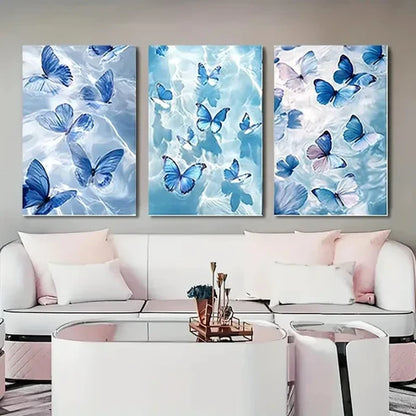 3pcs Vibrant Blue Butterfly Water Reflections Wall Art Canvas Unframed – High Quality Print 100% Australian Made Wall Canvas