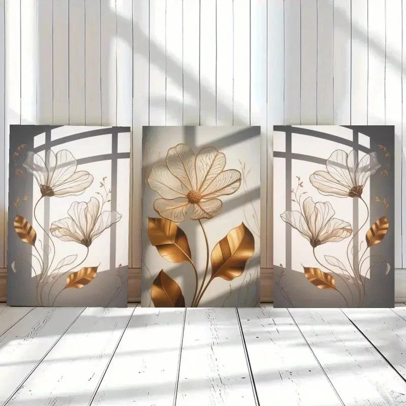 3pcs Featuring Golden Flowers And Abstract Lines Metal Print Ready to Hang Art