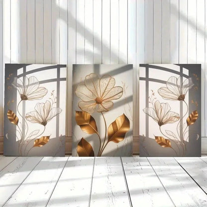 3pcs Featuring Golden Flowers And Abstract Lines Metal Print Ready to Hang Art