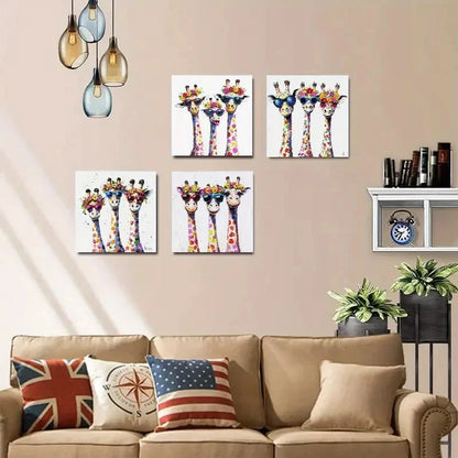 4pcs Whimsical Giraffe Familye Wall Art Canvas Framed