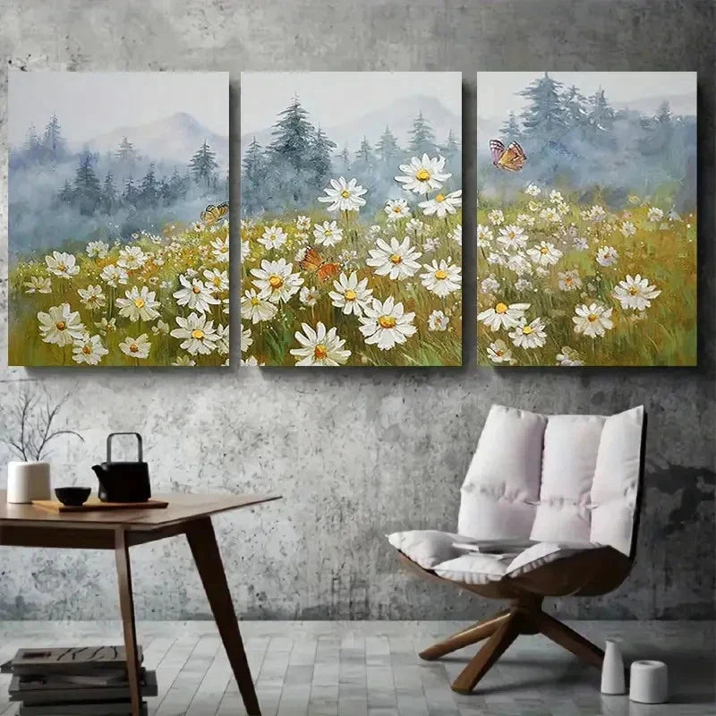 3pcs White Daisies Butterflies & Pine Trees Metal Print Ready to Hang Art