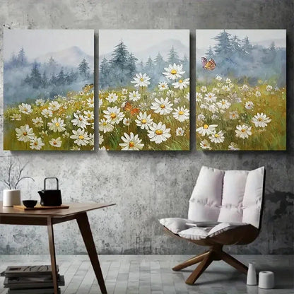 3pcs White Daisies Butterflies & Pine Trees Metal Print Ready to Hang Art