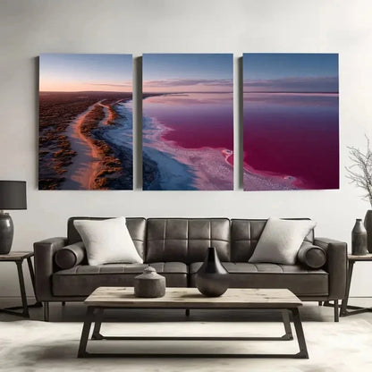 3pcs Pink Lake, Western Australia Wall Art Set Canvas Framed 60x90cm - High Quality Print 100% Australian Made Wall Canvas Ready to Hang