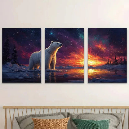 3pcs Arctic Polar Bear Northern Lights & Aurora Wall Art Set Canvas Framed 60x90cm - High Quality Print 100% Australian Made Wall Canvas Ready to Hang