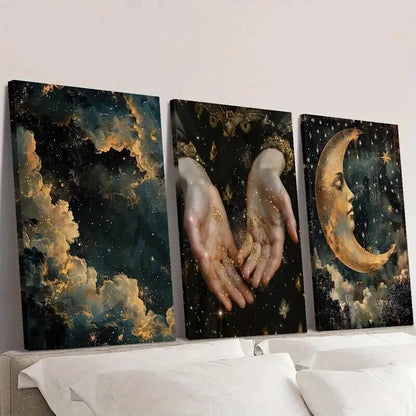 3pcs Abstract Magic Shine in Hand Stars Moon Wall Art Set Canvas Framed 40x60cm - High Quality Print 100% Australian Made Wall Canvas Ready to Hang