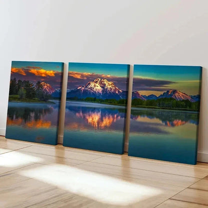 3pcs Mountains Lakes Sun Reflection on Water Wall Art Set Canvas Framed 40x60cm - High Quality Print 100% Australian Made Wall Canvas Ready to Hang
