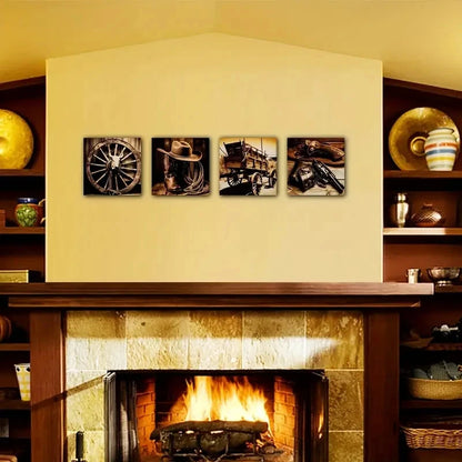 4pcs Cowboy Hat Boot Saddle Faux Leather Rancher Wall Art Canvas Framed