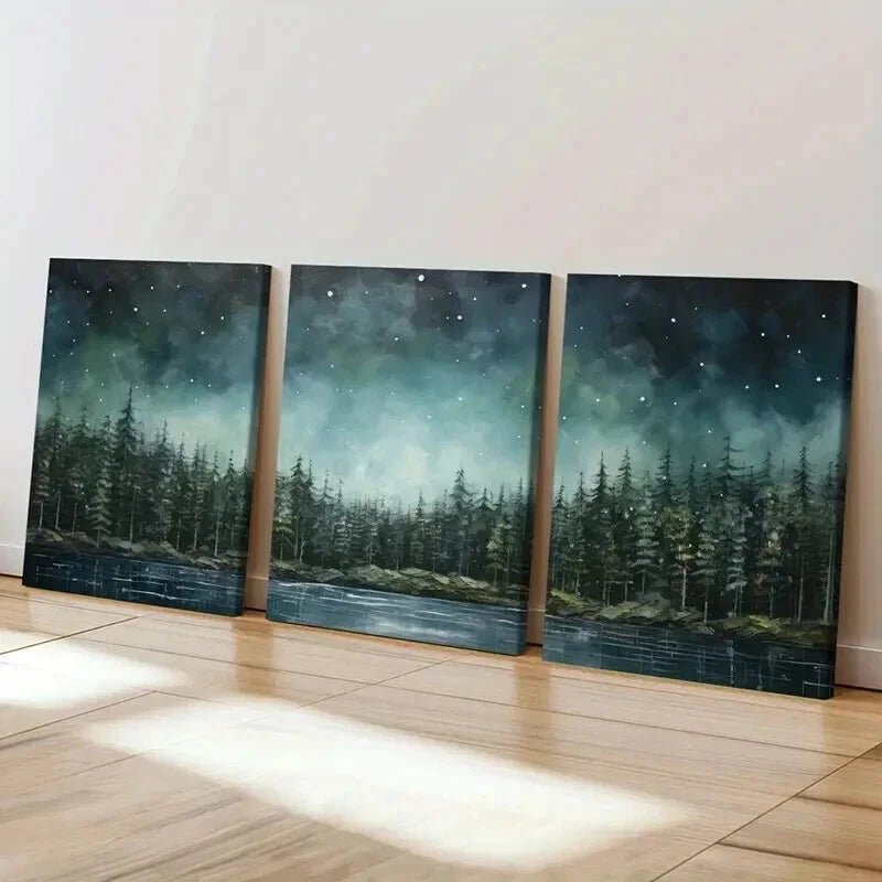 3pcs Starry Night Forest Mystical Landscape Wall Art Set Canvas Framed 40x60cm - High Quality Print 100% Australian Made Wall Canvas Ready to Hang