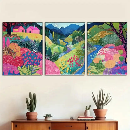 3pcs Colorful Countryside Flowers Hills Perfect Wall Art Set Canvas Framed 40x60cm - High Quality Print 100% Australian Made Wall Canvas Ready to Hang