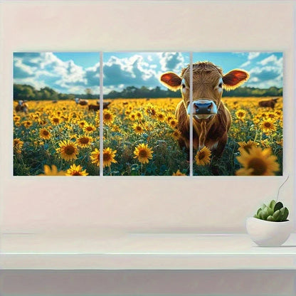 Cow in a field of sunflowers with a decorative frame on a wall.