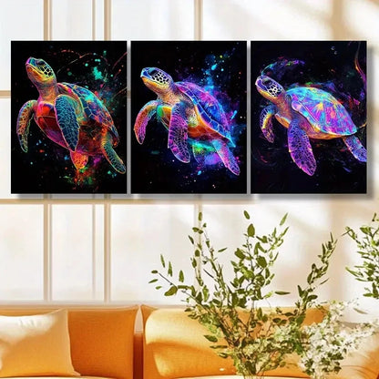 3pcs Colorful Turtle Art Deco Style Metal Print Ready to Hang Art