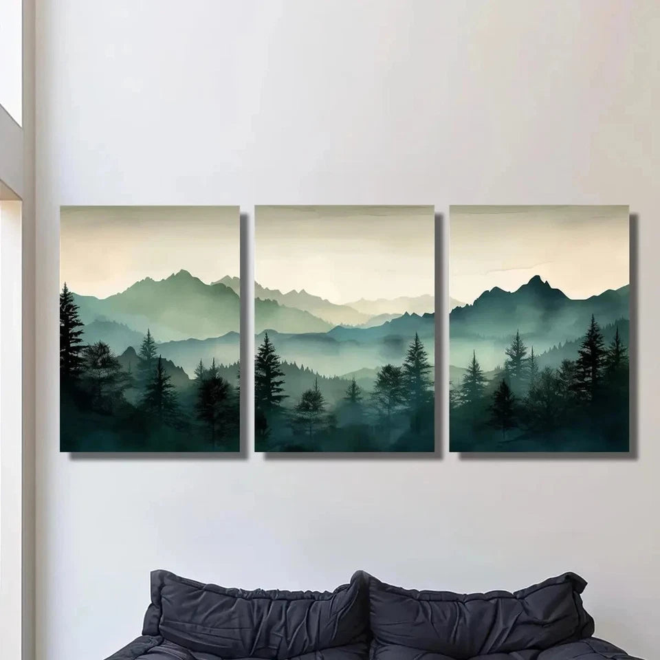 3pcs Green Mountains and Forest Metal Print Ready to Hang Art