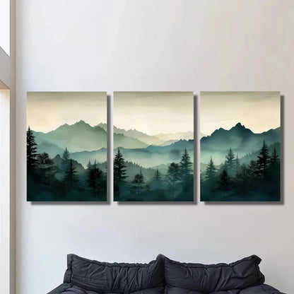 3pcs Green Mountains and Forest Metal Print Ready to Hang Art