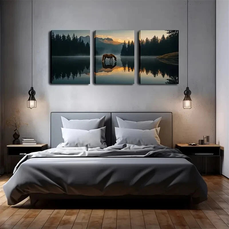 3pcs Majestic Horse In Forest And Lake Perfect Wall Art Set Canvas Framed 40x60cm - High Quality Print 100% Australian Made Wall Canvas Ready to Hang