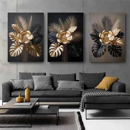 3pcs Golden Flowers Metallic Leaves Metal Print Ready to Hang Art