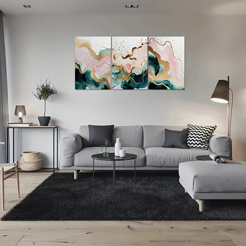 3pcs Abstract Watercolor Golden Accents Metal Print Ready to Hang Art