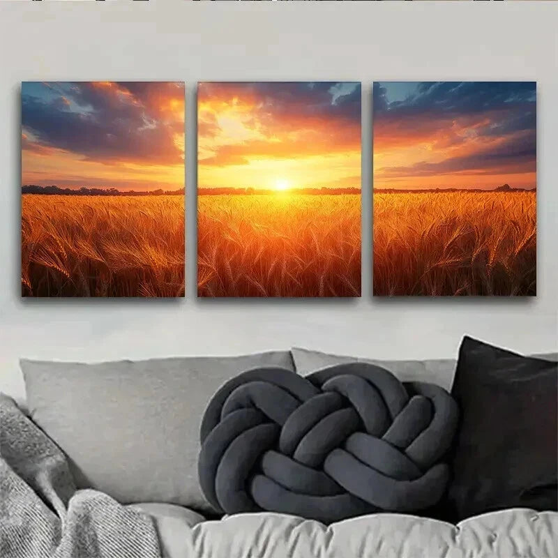 3pcs Sunset Glow Over Golden Wheat Field Wall Art Set Canvas Framed 40x60cm - High Quality Print 100% Australian Made Wall Canvas Ready to Hang