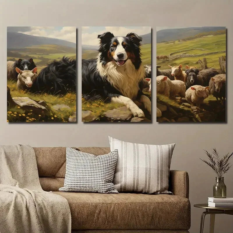 3pcs Sheepdog & Sheep Meadow Scene Perfect Wall Art Set Canvas Framed 40x60cm - High Quality Print 100% Australian Made Wall Canvas Ready to Hang