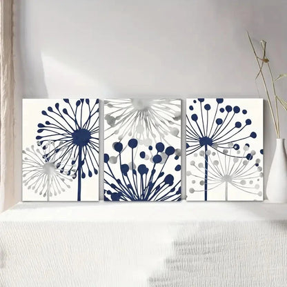 3pcs Navy Blue and Grey Abstract Floral Metal Print Ready to Hang Art