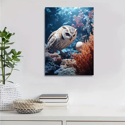 Beautiful Underwater Owl & Coral Reef Scene Painting 40x60cm Metal Print Ready to Hang