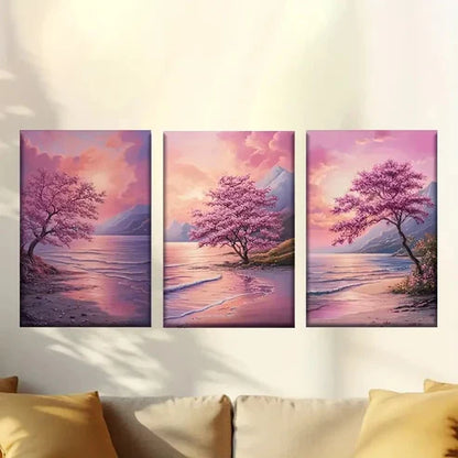 3pcs Sakura trees on the coast Wall Art Set Canvas Unframed - High Quality Print 100% Australian Made Wall Canvas