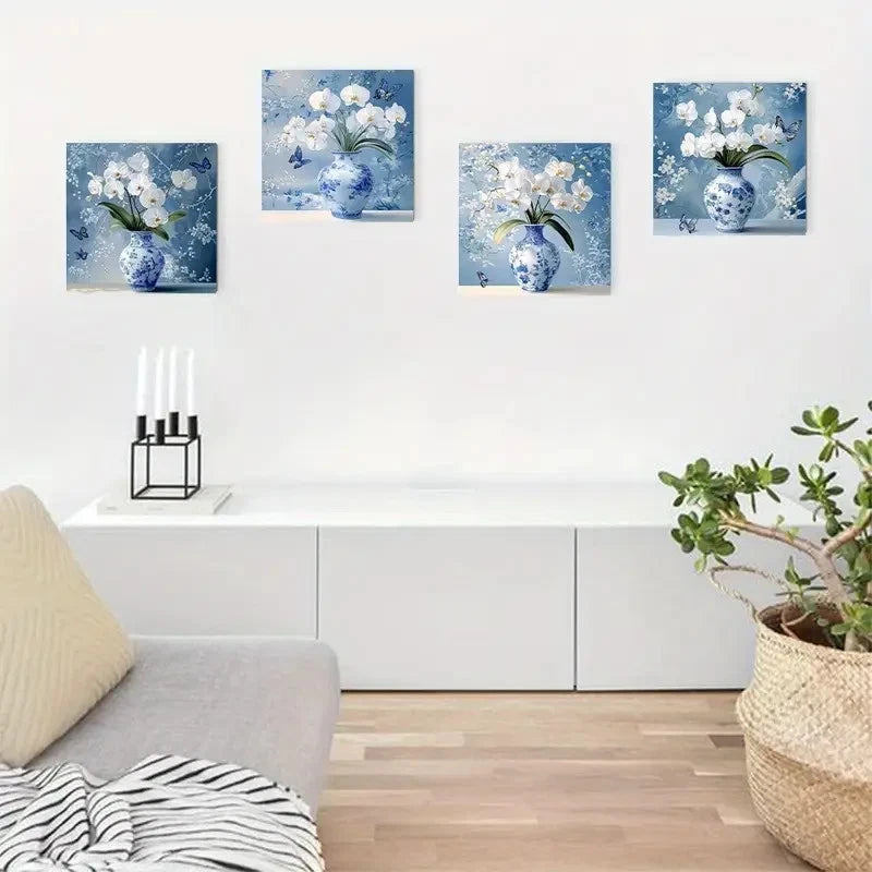 4pcsBlue and White Orchids with Butterflies Wall Art Canvas Framed