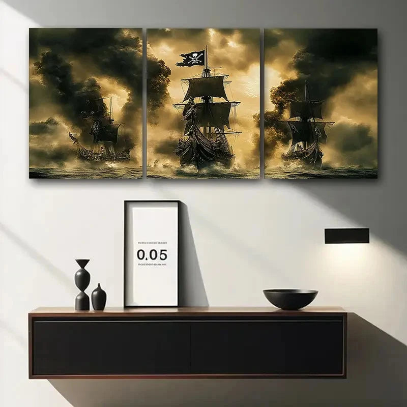 3pcs Pirate Ships Battle Rolled Metal Print Ready to Hang Art