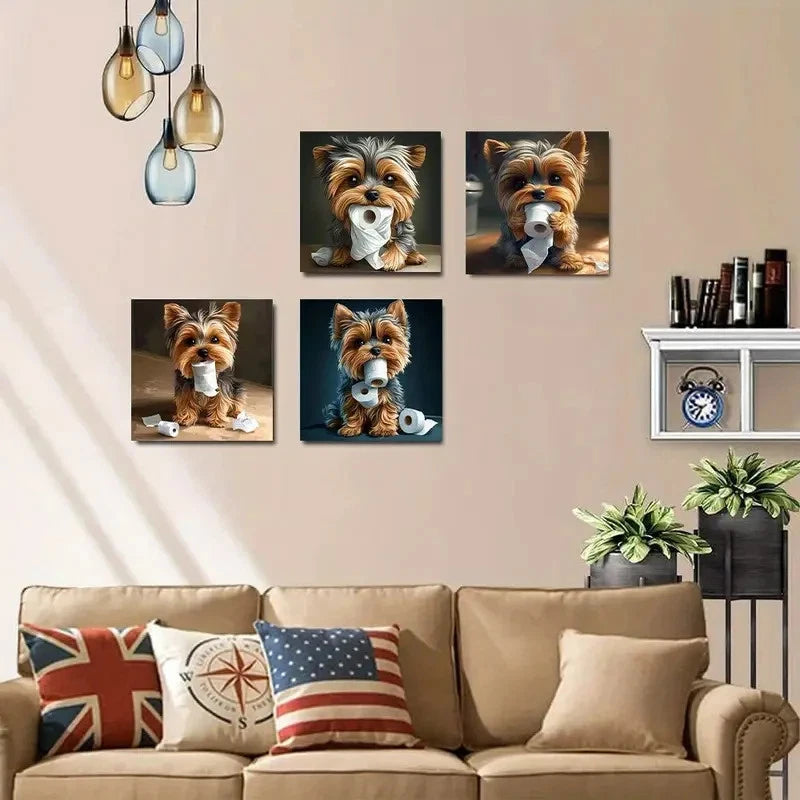 4pcs Yorkie Dog With Toilet Paper, Wall Art Canvas Framed