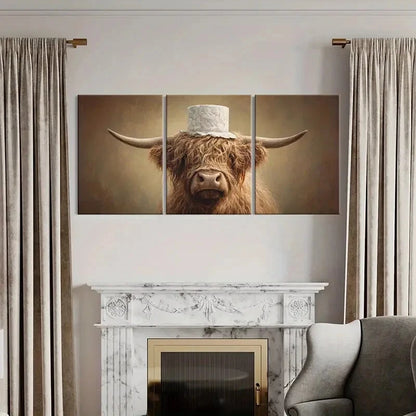 3pcs Artistic Highland Cow Portrait White Hat Metal Print Ready to Hang Art