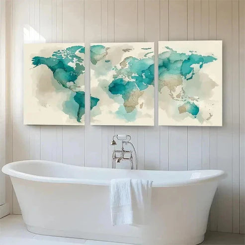 3pcs Abstract Global Map Beige Tones Perfect Wall Art Set Canvas Unframed - High Quality Print 100% Australian Made Wall Canvas