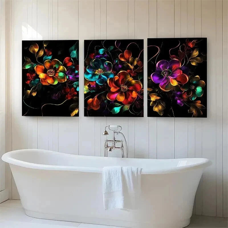 3pcs Colorful Blooming Flowers on Black  Perfect Wall Art Set Canvas Framed 40x60cm - High Quality Print 100% Australian Made Wall Canvas Ready to Hang