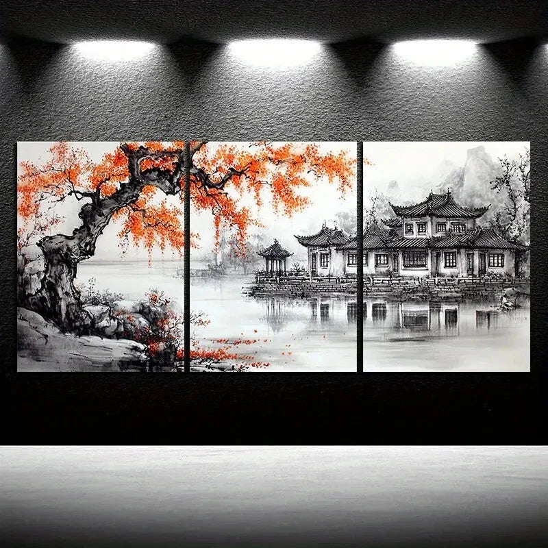 3pcs House Next to the Red Maple Leaves Series Metal Print Ready to Hang Art
