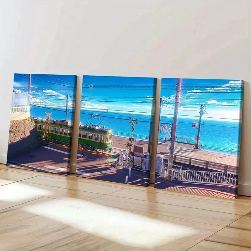 3pcs Seaside Town Landscape & Tram Wall Art Set Canvas Framed 40x60cm - High Quality Print 100% Australian Made Wall Canvas Ready to Hang