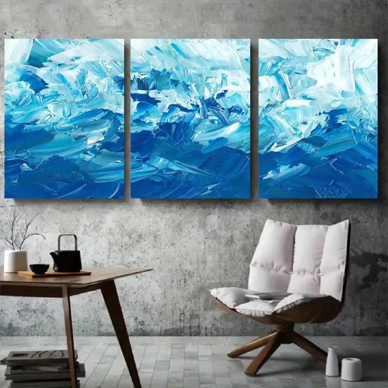 3pcs Blue & White Brushstroke Coastal Metal Print Ready to Hang Art