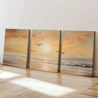 3pcs Sunset Scene & Seagulls Flying Over Ocean Wall Art Set Canvas Framed 40x60cm - High Quality Print 100% Australian Made Wall Canvas Ready to Hang